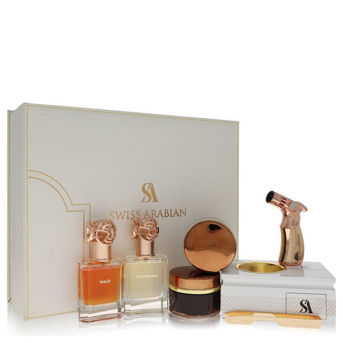 Swiss Arabian Bakhoor Dukhoon Al Haram Gift Set By Swiss Arabian Gift Set contains 2 x 1.7 oz Eau De Parfum in Wajd & Gharaam + 2 x 60 grams of Incense in Dukhoon Al Haram &...