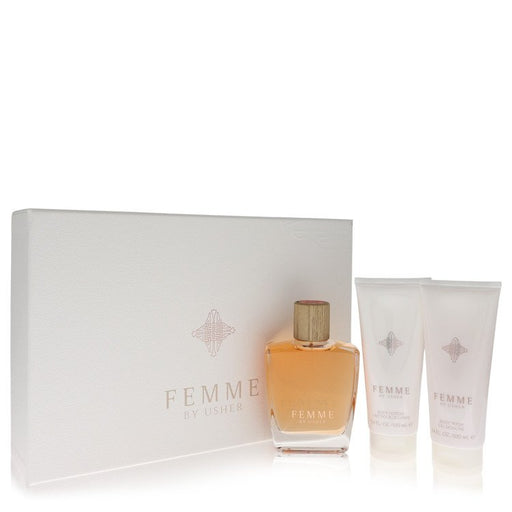 Usher Femme Gift Set By Usher 3.4 oz Eau De Parfum Spray + 3.4 oz Body Lotion + 3.4 oz Shower Gel Gift Set - 3.4 Oz Eau De Parfum Spray + 3.4 Oz Body Lotion + 3.4 Oz Shower Gel...